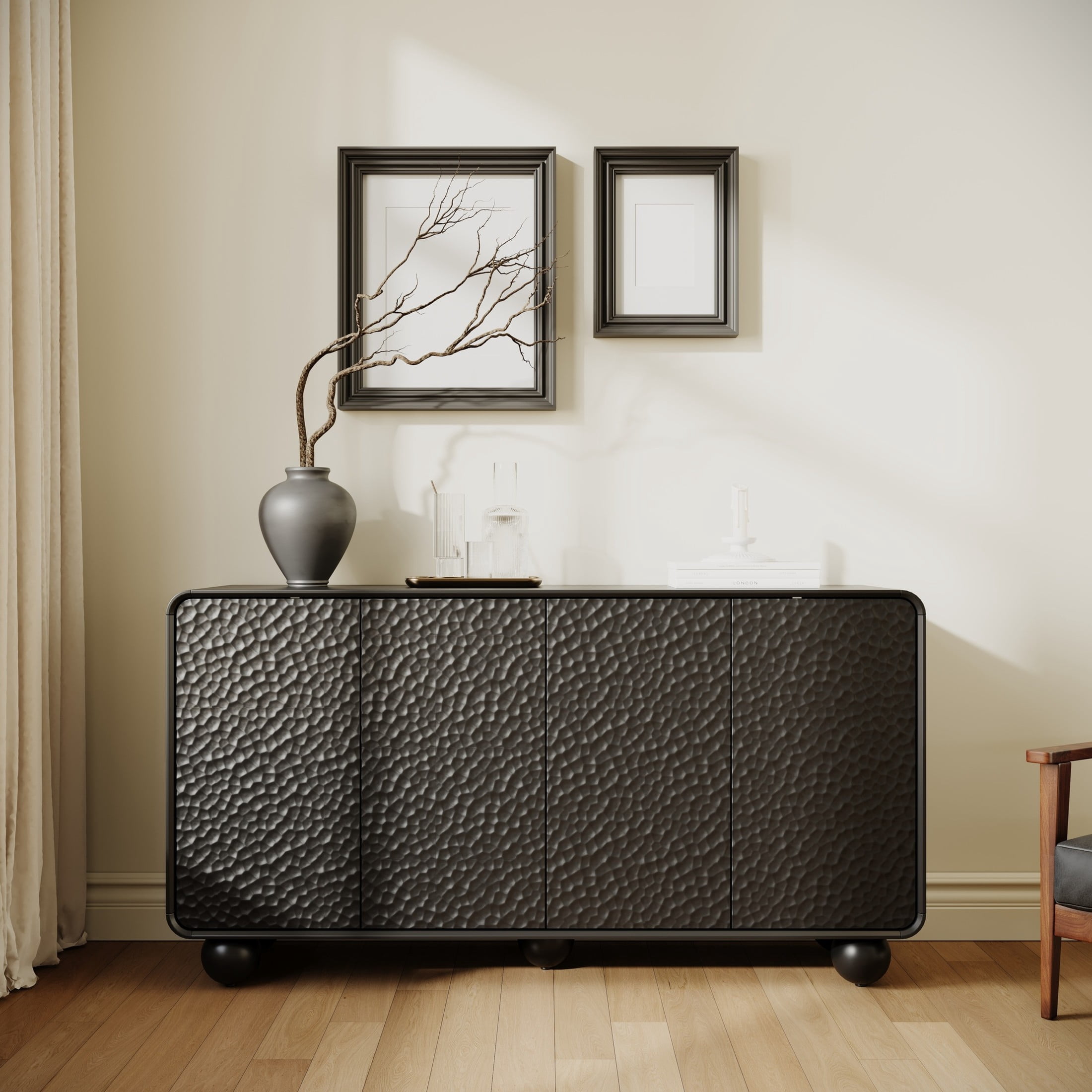 Noble House Neris Modern Buffet Cabinet with Honeycomb Textured Doors, Accent Credenza Large Console Table, Black