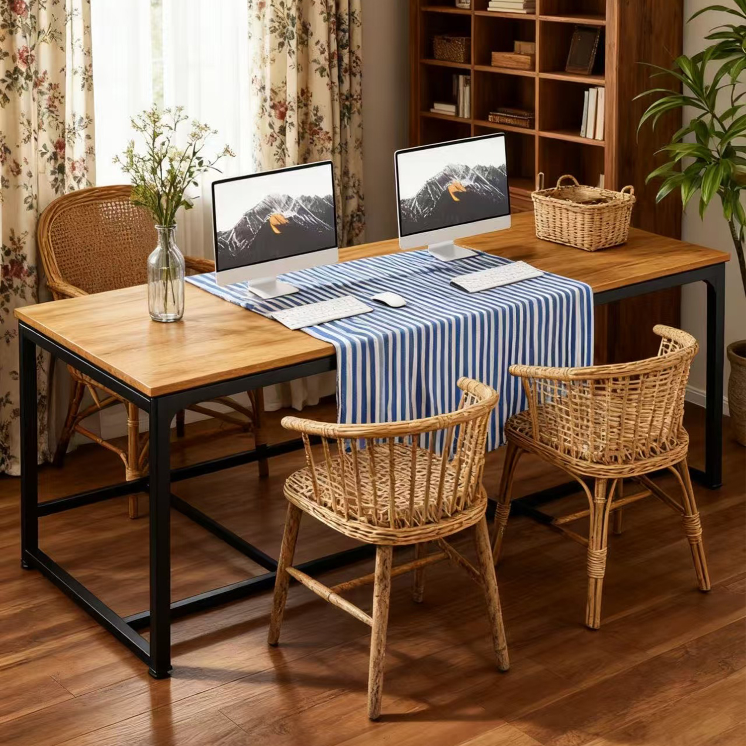 78.7 Inches Extra Long 2 Person Computer Desk, Wooden Large Home Office Writing Table With Strong Metal Legs, Spacious Study Workstation For Collaborative Use, Natural & Black