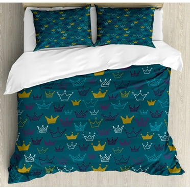 Princess King Size Duvet Cover Set, Hand Drawn Style Crowns Tiaras Fun Girlish Pattern for Babies Children, Decorative 3 Piece Bedding Set with 2 Pillow Shams, Teal Yellow and Purple, by Ambesonne