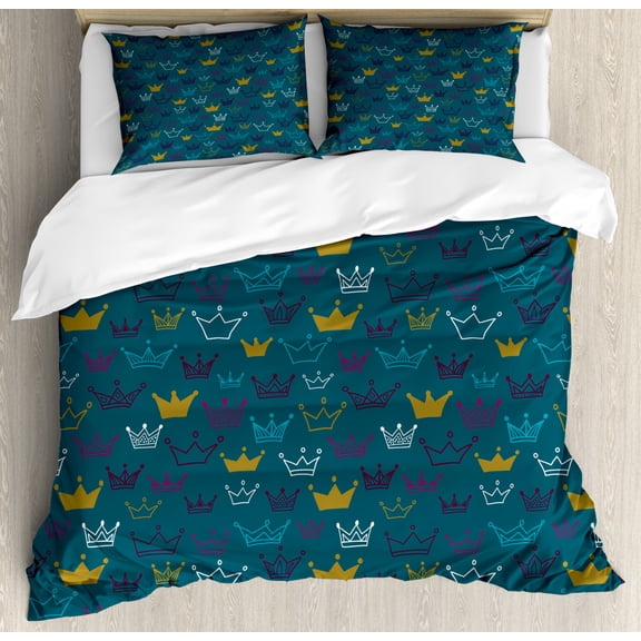 Princess Queen Size Duvet Cover Set, Hand Drawn Style Crowns Tiaras Fun Girlish Pattern for Babies Children, Decorative 3 Piece Bedding Set with 2 Pillow Shams, Teal Yellow and Purple, by Ambesonne