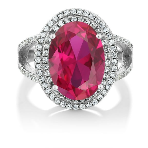 Gem Stone King 925 Sterling Silver Red Created Ruby Cocktail Engagement Ring for Women (7.19 Cttw, Oval 14X10MM, Available in Size 5, 6, 7, 8, 9)