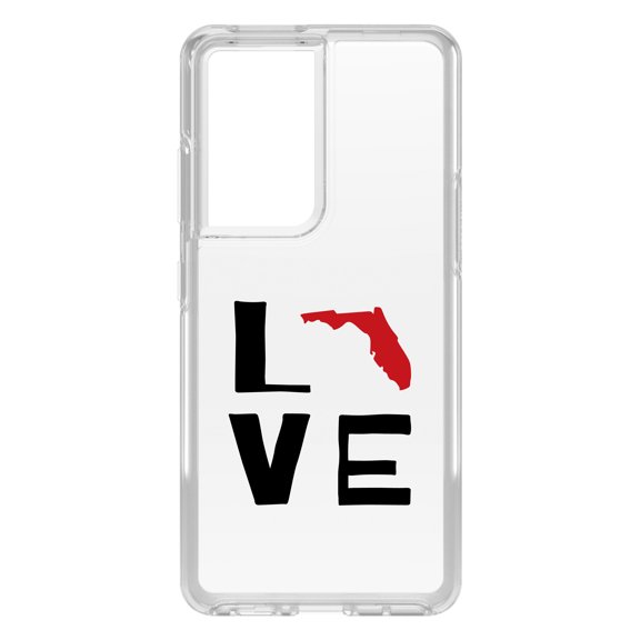 DistinctInk Clear Shockproof Hybrid Case for Galaxy S21 ULTRA 5G (6.8" Screen) - TPU Bumper Acrylic Back Tempered Glass Screen Protector - Florida - Love Black & Red