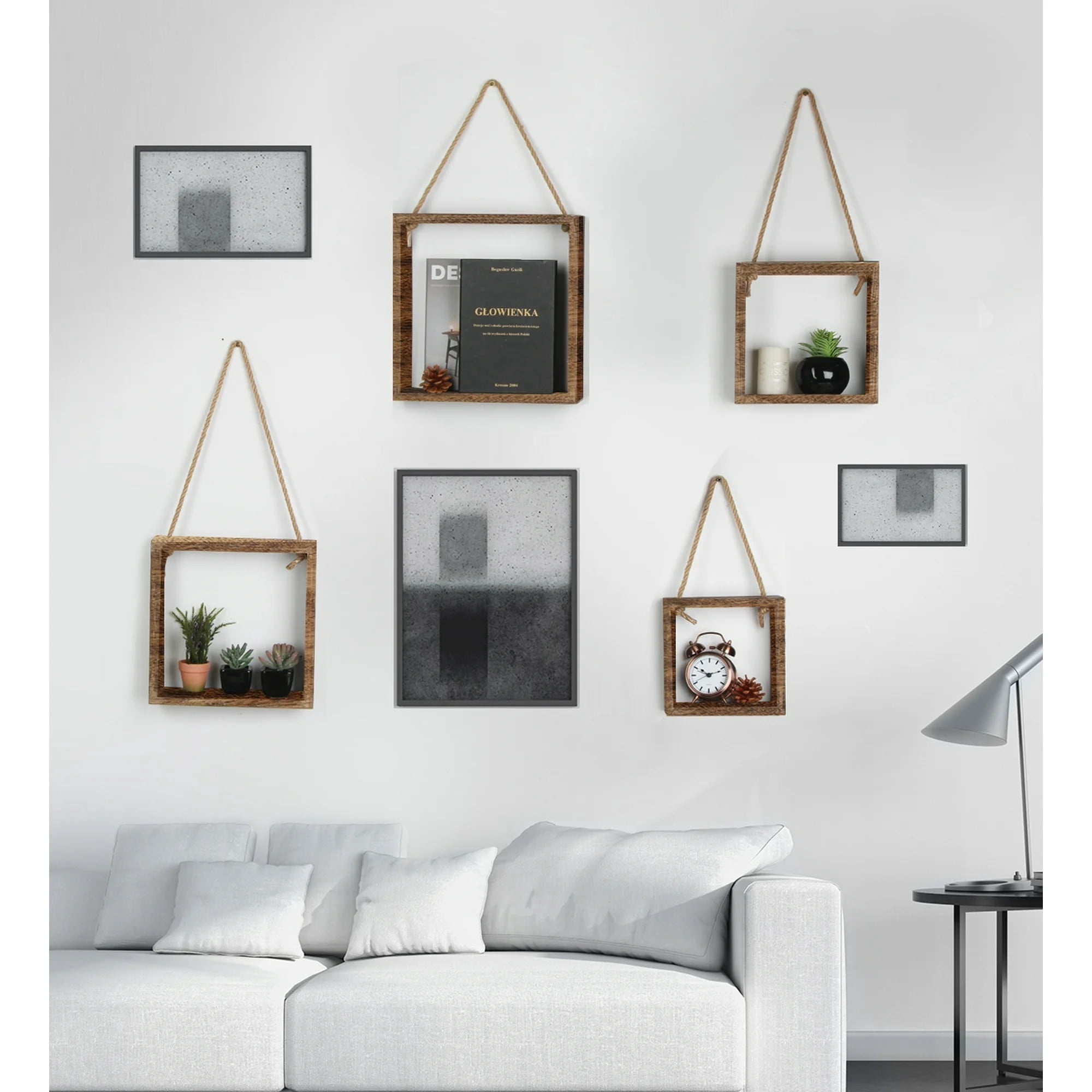 TEAFIRST Set of 4 Floating Hanging Square Shelves, Wall Mounted Rustic Wood Shelf for Living Room