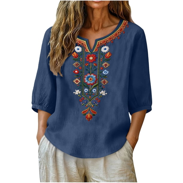 Neewe Women's Embroidered Tops 3/4 Sleeve Traditional Boho Shirts for Women V Neck Peasant Tunic Blouses