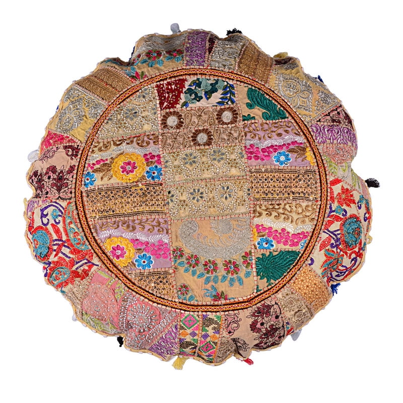 Indian Handmade Patchwork Codework Round Pouf Cover Ottoman Floor Pillow Cushion Seating Throw Decorative Pillow Cases