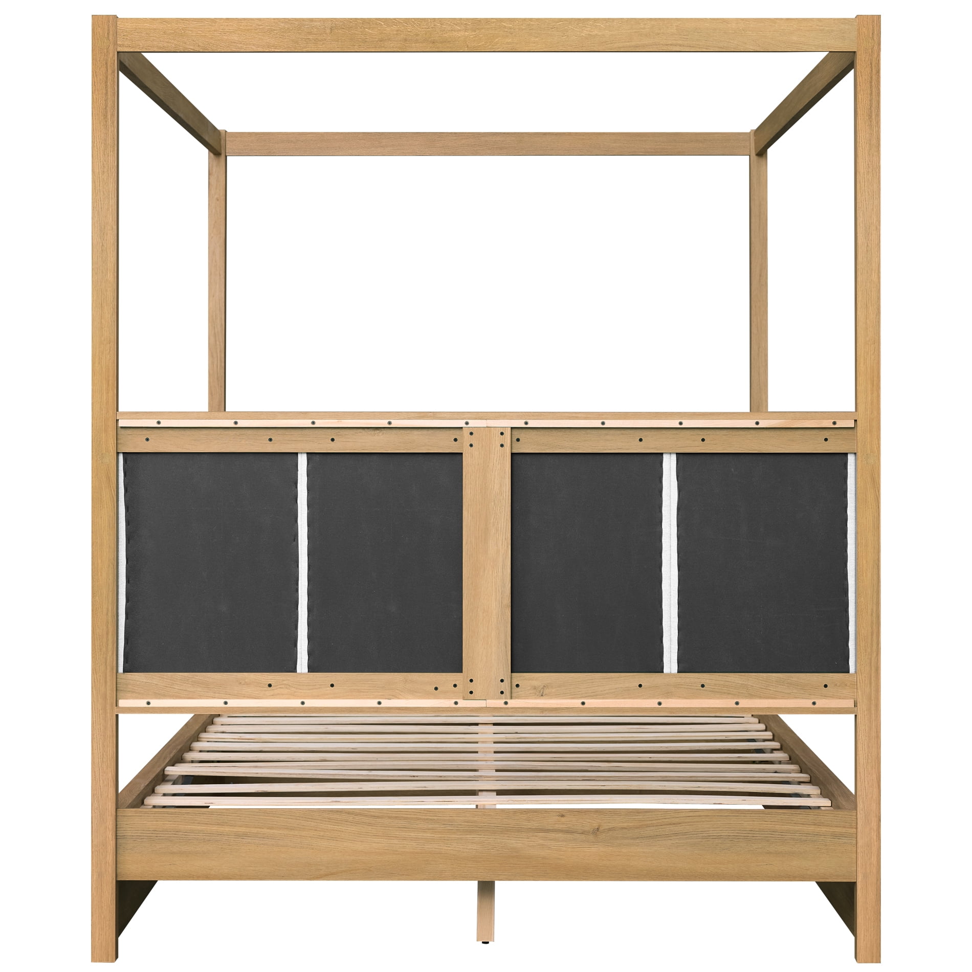 WAMPAT Queen Size Canopy Solid Wood Bed Frame with Upholstered Headboard, No Box Spring Needed, Mid-Century Modern 4 Poster Bed for Bedroom, Dark Brown Wood