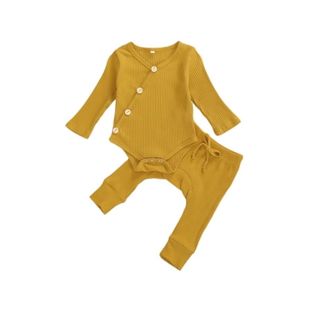 

Newborn Unisex Baby Organic Cotton Kimono Bodysuit and Striped Pants Basic Plain Rib Stitch Knitted Outfits Set