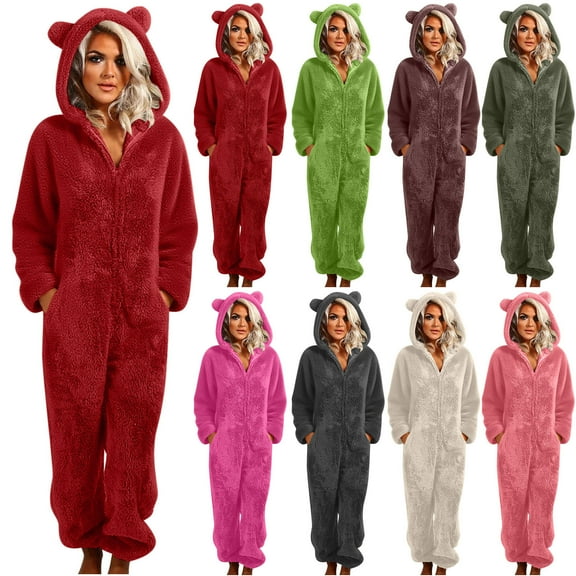 ZZwxWA Womens Fleece Onesies Pajamas Cute Warm Sherpa Romper Sleepwear One Piece Zipper Hooded Long Playsuit Loungewear