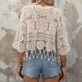 thumbnail image 4 of Women's Plain Fringe Trim Cut out Sheer Cover Up, Boho Scallop Trim 3/4 Sleeve Round Neck Cover up for Vacation, 4 of 5