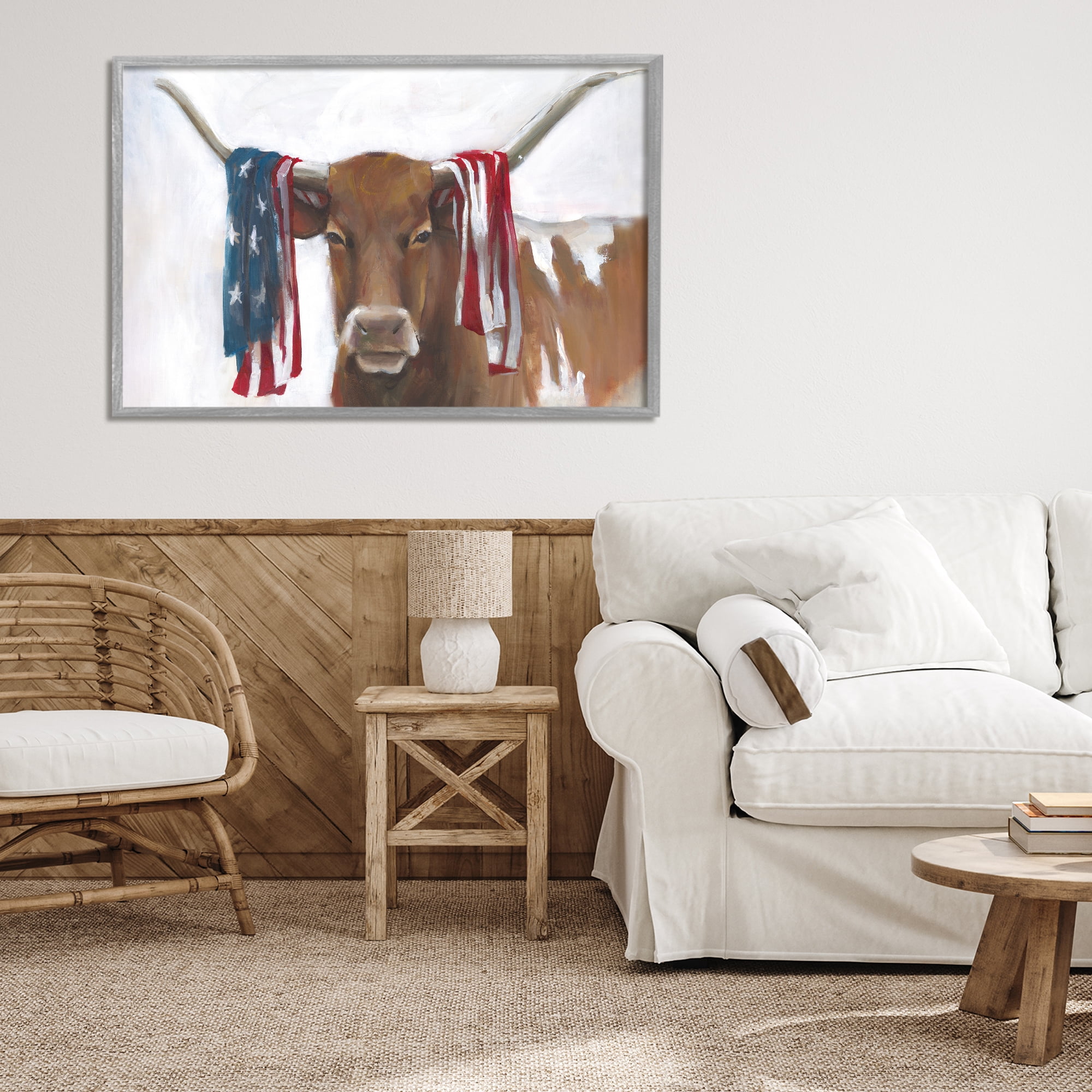 Stupell Industries Patriotic Longhorn with Flag Gray Framed Giclee Art, design by White Ladder