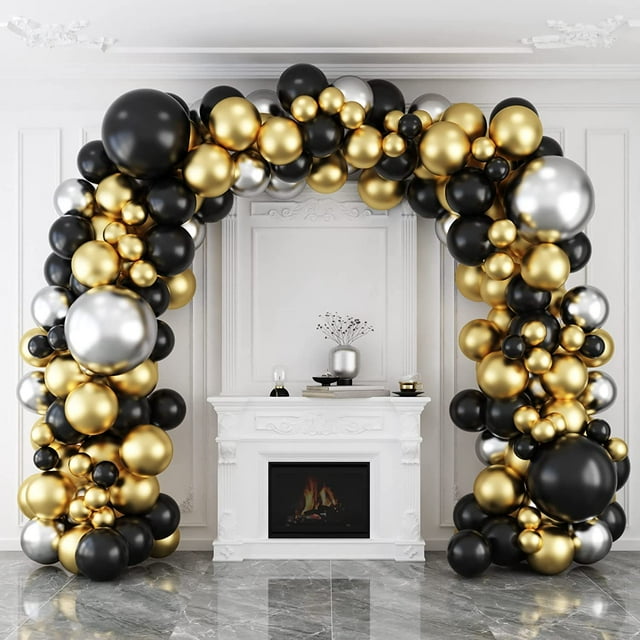Kit de arco de guirnalda de globos negros y dorados de 124 piezas, 5 10 18 pulgadas Bla