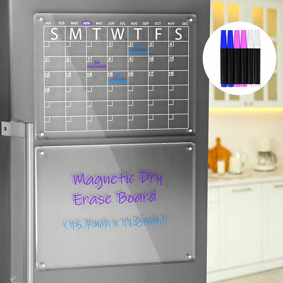 NIUBEE 2 Pack 16"X 12" Acrylic Magnetic Dry Erase Calendar Board for Fridge, Monthly Clear Calendar for Refrigerator, Acrylic WhiteBoard Memo Planning Board, Includes 6 Dry Erase Markers
