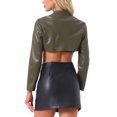thumbnail image 3 of CHAQUETA CORTA DE CUERO SINTÉTICO PARA MUJERES CON CUELLO ALTO Y CREMALLERA, MANGA LARGA, COLOR VERDE EJÉRCITO, 3 of 6