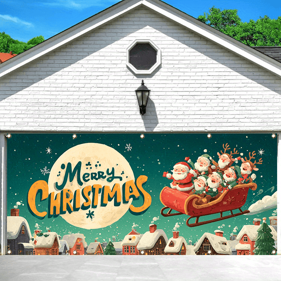 1PC 2D/Flat garage door banner, Christmon-themed garage door polyester fiber hanging, 157X71 inches (400X180 cm), easy to hang, large-sized courtyard indoor and outdoor garden home wall decoration ba
