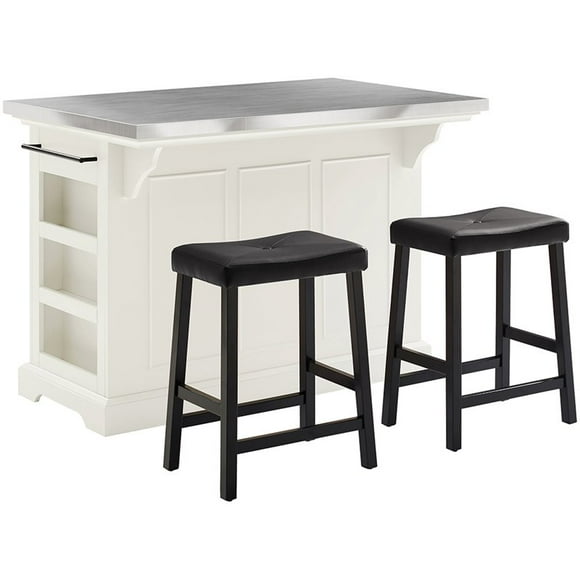 Crosley Julia Stainless Steel Top Kitchen Island with Saddle Stools in White