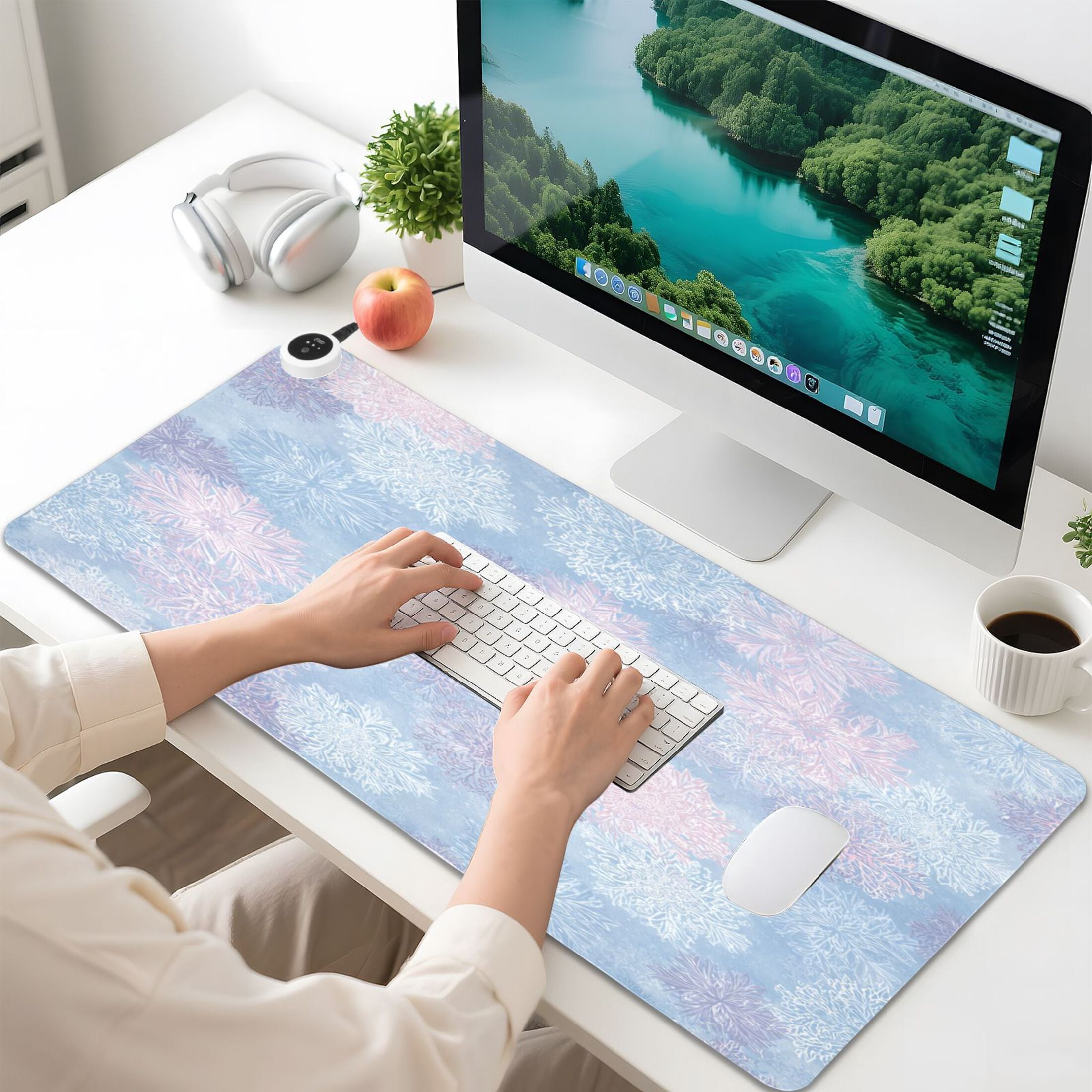 Large Heated Desk Mat Mouse Pad 31.5"x13"PU Leather Graphene Heating Desk Warmer with 3 Temperature Settings 110V US Plug Non-Slip Warm Pad for Home, Office, and Gaming Pale Blue Pink Snowflakes