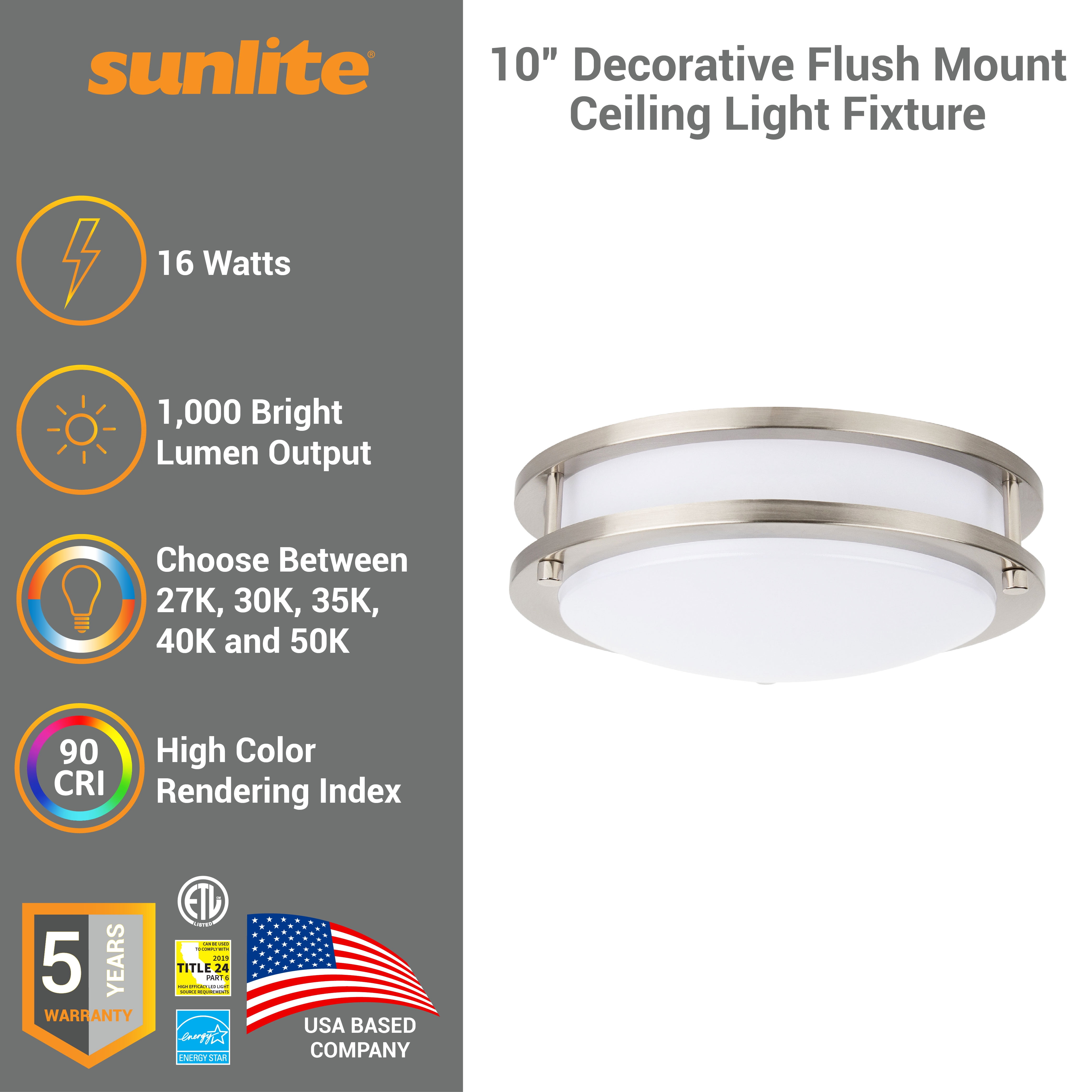Sunlite 88489 10” Decorative Flush Mount Ceiling Light Fixture, 15 Watts, 1050 Lumens, Color Selectable 27K/30K/35K/40K/50K, Dimmable, 90 CRI, 120 Volts, ETL Listed, Title-24 Compliant