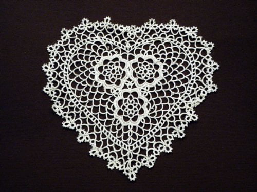 White Doily with Pink Embroidered Hearts Floral Lace Edge Handmade 12 inches 