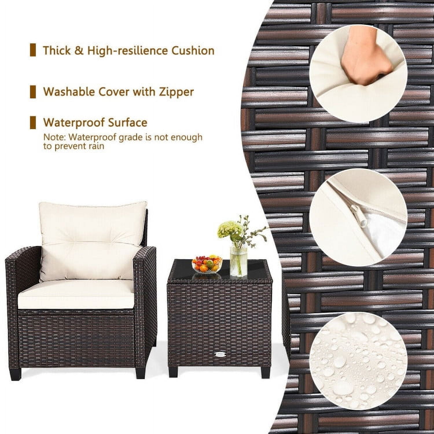 Aimee Lii 3 Pieces Wicker Patio Furniture Set, Coffee Table Cushioned Sofa, Modern Patio Furniture, White Aimee Lii 3 Pieces Wicker Patio Furniture Set, Coffee Table Cushioned Sofa, Modern Patio Furniture, White