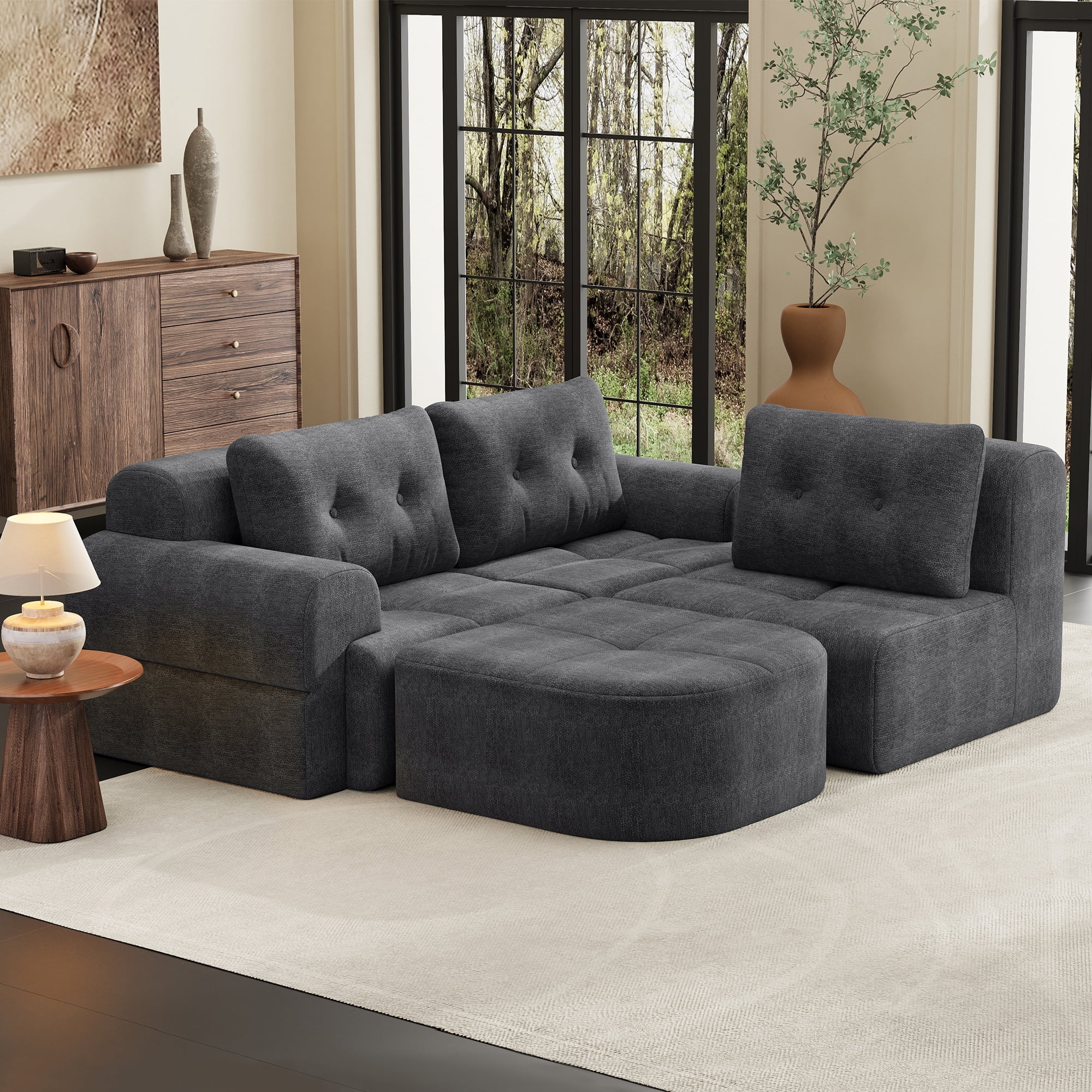 Modular Sectional Sofa with Chaise and Full-Foam Structure, 112-Inch Oversized Couch with Woven Texture Upholstery for Living Room, Dark Grey