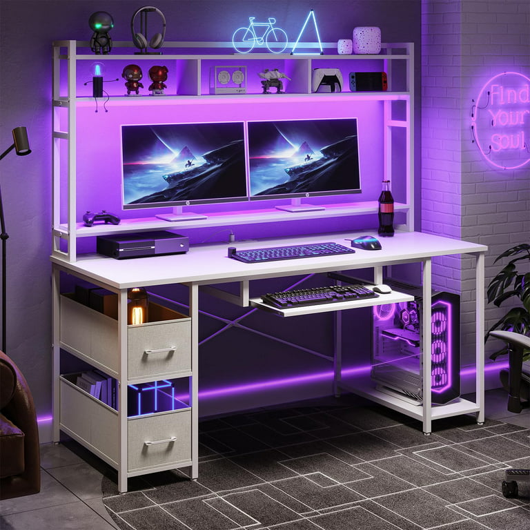Sedeta White Computer Desk with Hutch and Drawer, 55 inch White Gaming Desk with LED Lights & Power Outlet, Home Office Desks with Storage Shelves