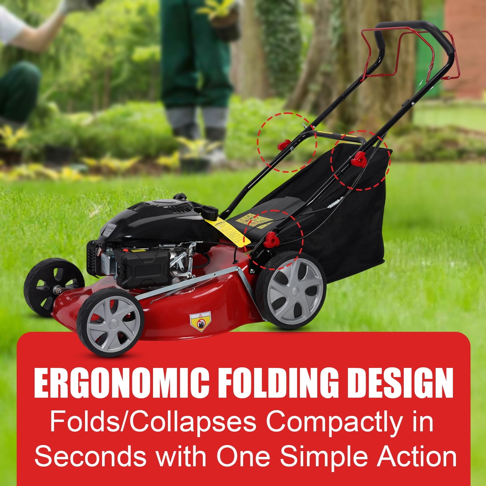 Fompes 20-Inch Gas Push Lawn Mower with 141 cc 4-Cycle Engine, 7-Position Dual Lever Height Adjustment Self Propelled Lawn Mower with 50L Grass Tank, Big Wheels