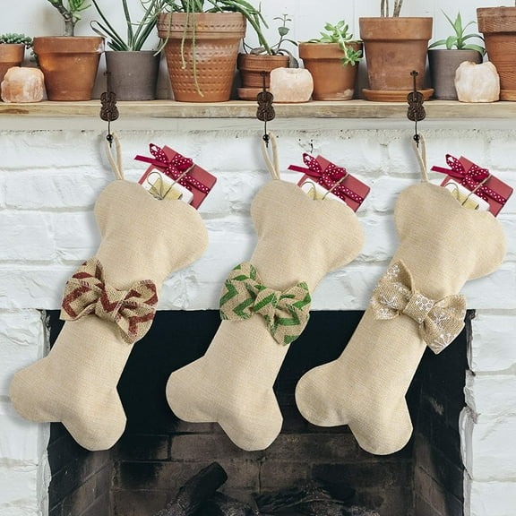 Dog Bone Christmas Stockings 16 Inch Large Line Pet Christmas Stockings with Bowknot Burlap Fireplace Hanging Stockings Gift Bags for Christmas Decorations