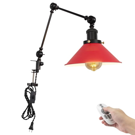 Kiven Dimmable Clip-on Desk Lamp, 1-Light Iron Modern Nightstand Lamp with Flexible Swing Arm, Remote Control, Decorative Clamp Lamp for Office Desk Bookshelf Cabinet E26 Sokcet,Red