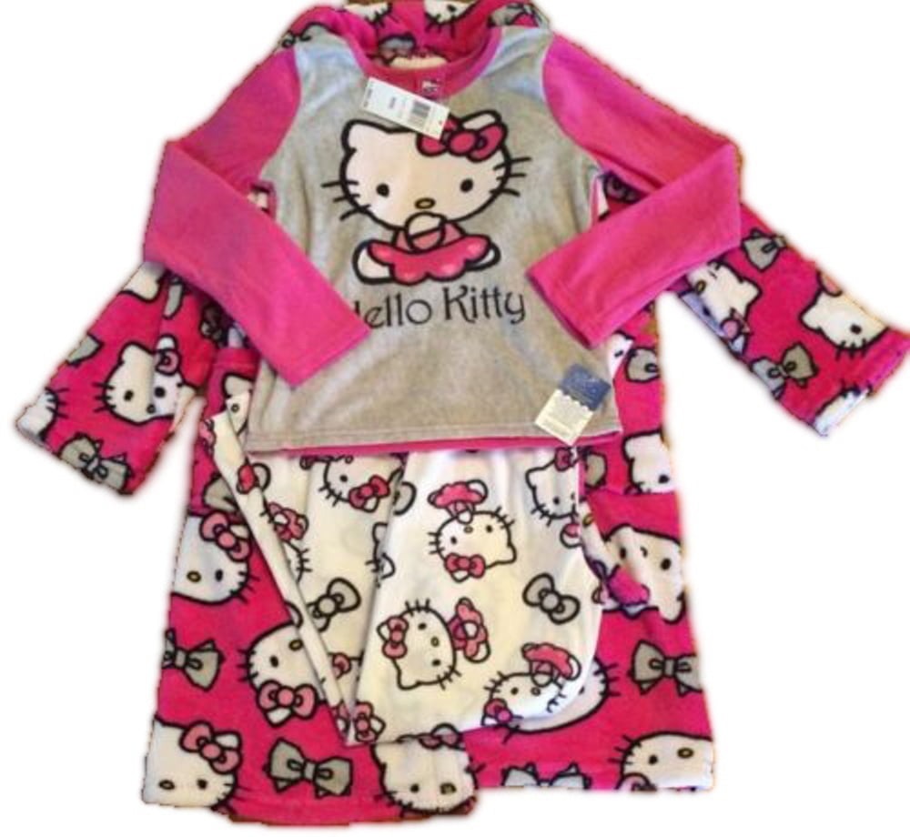 Hello Kitty Girl Plush Robe W 2PC Fleece Set Pajama White Pink Small US
