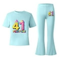 thumbnail image 5 of Ulitacool Girls Clothes Short Sleeve Sweatsuit Round Neck Cartoon Prints Tops With Flared Pants Two Piece Coordinated And Bottoms For Kids Soft Summer Outfits Mint Green 7-8 Years, 5 of 5