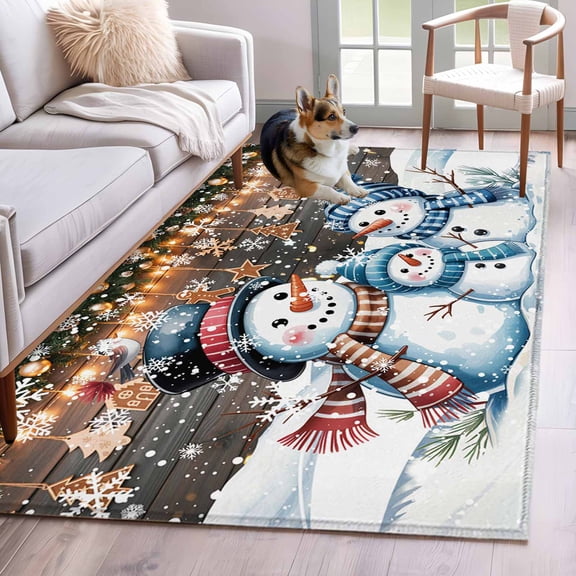 Brown Snowman Christmas Area Rug 3x5 Washable Rug Non Slip Xmas Balls Snowflake Vintage Large Area Rug Indoor Floor Carpet for Entryway Bedroom Kitchen Living Room Home Office Dining Room Nursery