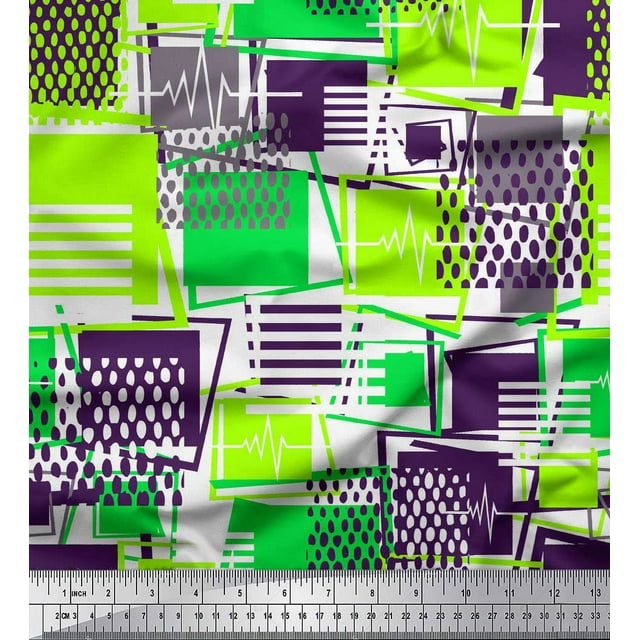 Soimoi Green polyester Crepe Fabric Geometric Abstract Printed Craft Fabric by the Yard 52 Inch Wide