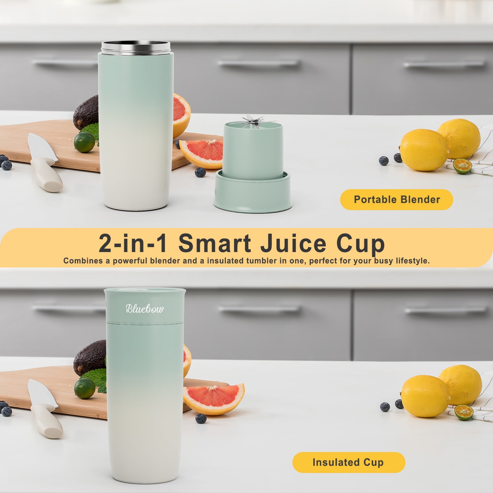 Bluebow Portable Blender Water Bottle for Shakes and Smoothies, Personal Size with Insulated Cup, Cordless 17oz, Usb-C Rechargeable, Travel