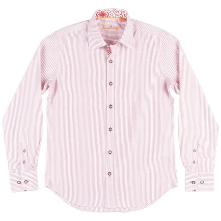 - Striped Button Down Long Sleeve Woven Collared Shirt Mens Red
