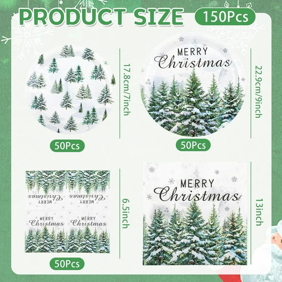 YUYAN-150Pcs Christmas Paper Plates and Napkins Set, Xmas Disposable Party Dinnerware with Merry Green Tree Design, Holiday Tableware Winter Supplies,Serves 50