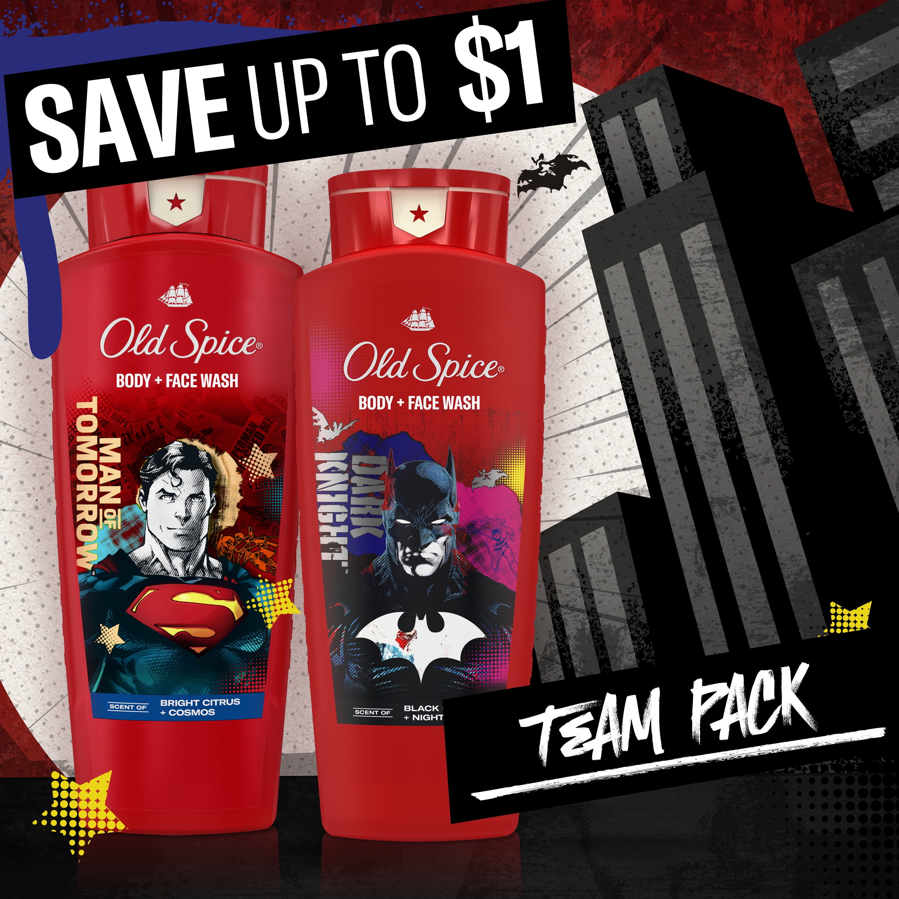 Old Spice Cleansing Body Wash for Men, 24/7 Shower Fresh with Lasting Scent, 2 in 1 Body and Face Wash, Rich Lather, Twin Pack, Superman and Batman, 2 x 24oz