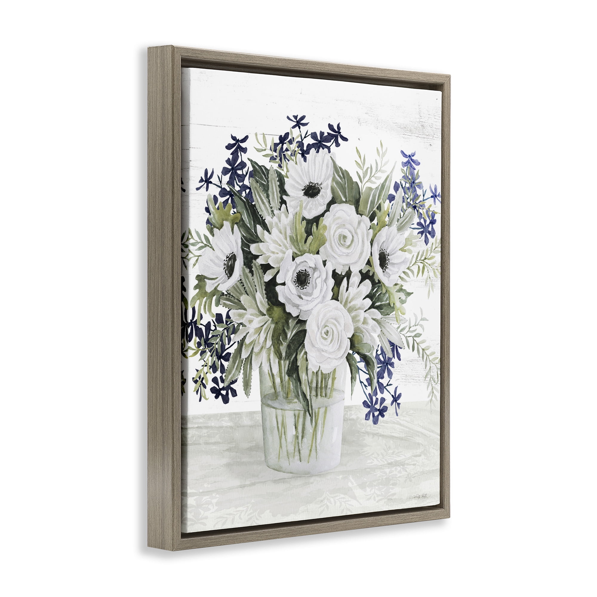 Stupell Industries Mixed White Anemone Vase Botanical & Floral Painting Brown Floater Framed Canvas Art Print Wall Art, 17 x 21