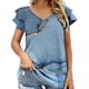 thumbnail image 2 of Moda mujer Casual cuello en V veteado nuevo cuello en V doble capa hoja manga corta 3D impreso camiseta pulóver blusa Tops Fridja  hjk6420, 2 of 5