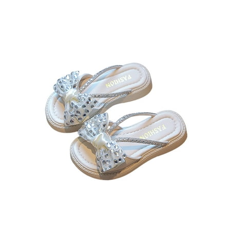

Frontwalk Girls Slides Bow Flat Sandals Open Toe Sandal Beach Lightweight Shoes Child Slip On Summer Slippers Beige 2.5Y
