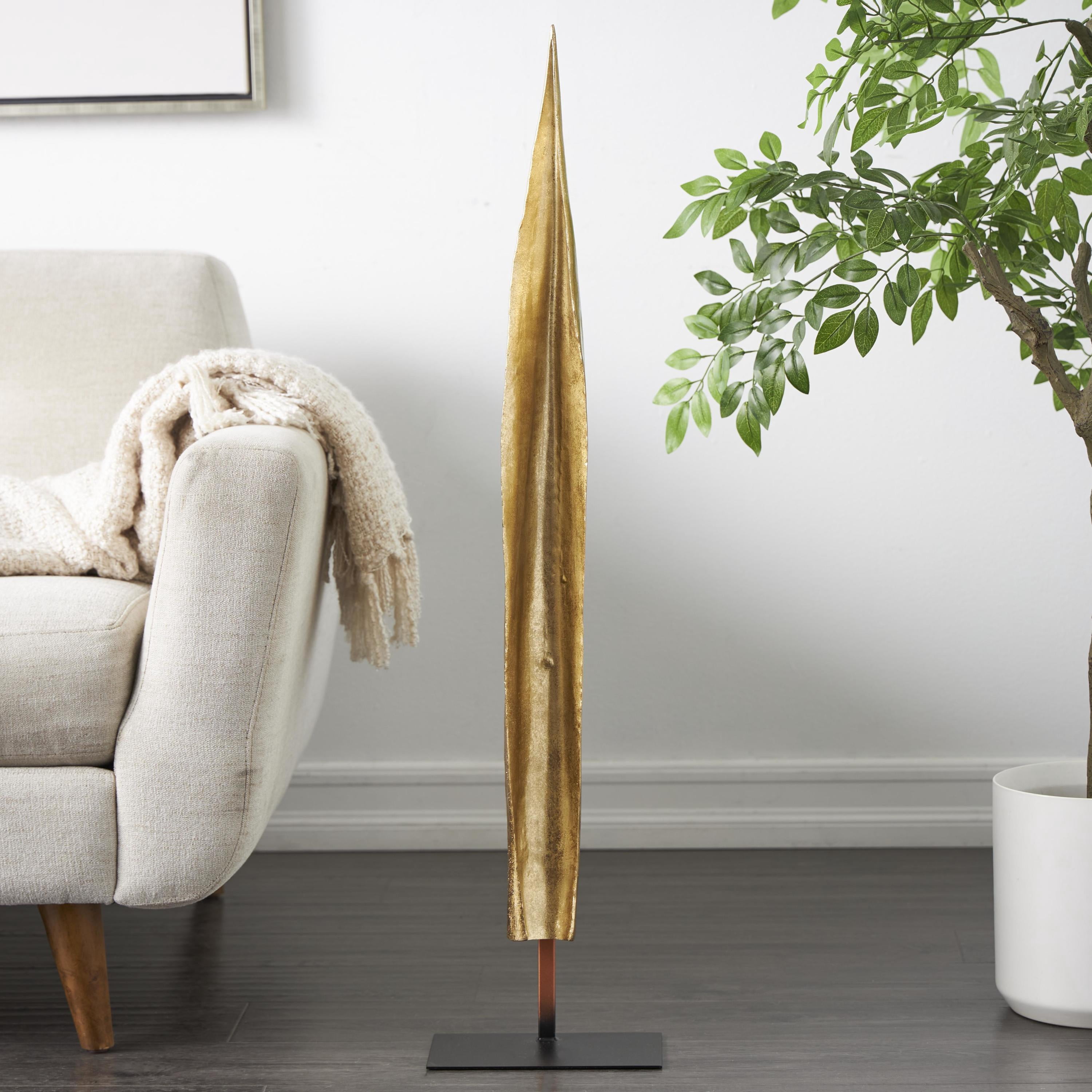 9" x 39" Gold Polystone Slim Abstract Leaf Sculpture with Black Metal Stand, by DecMode