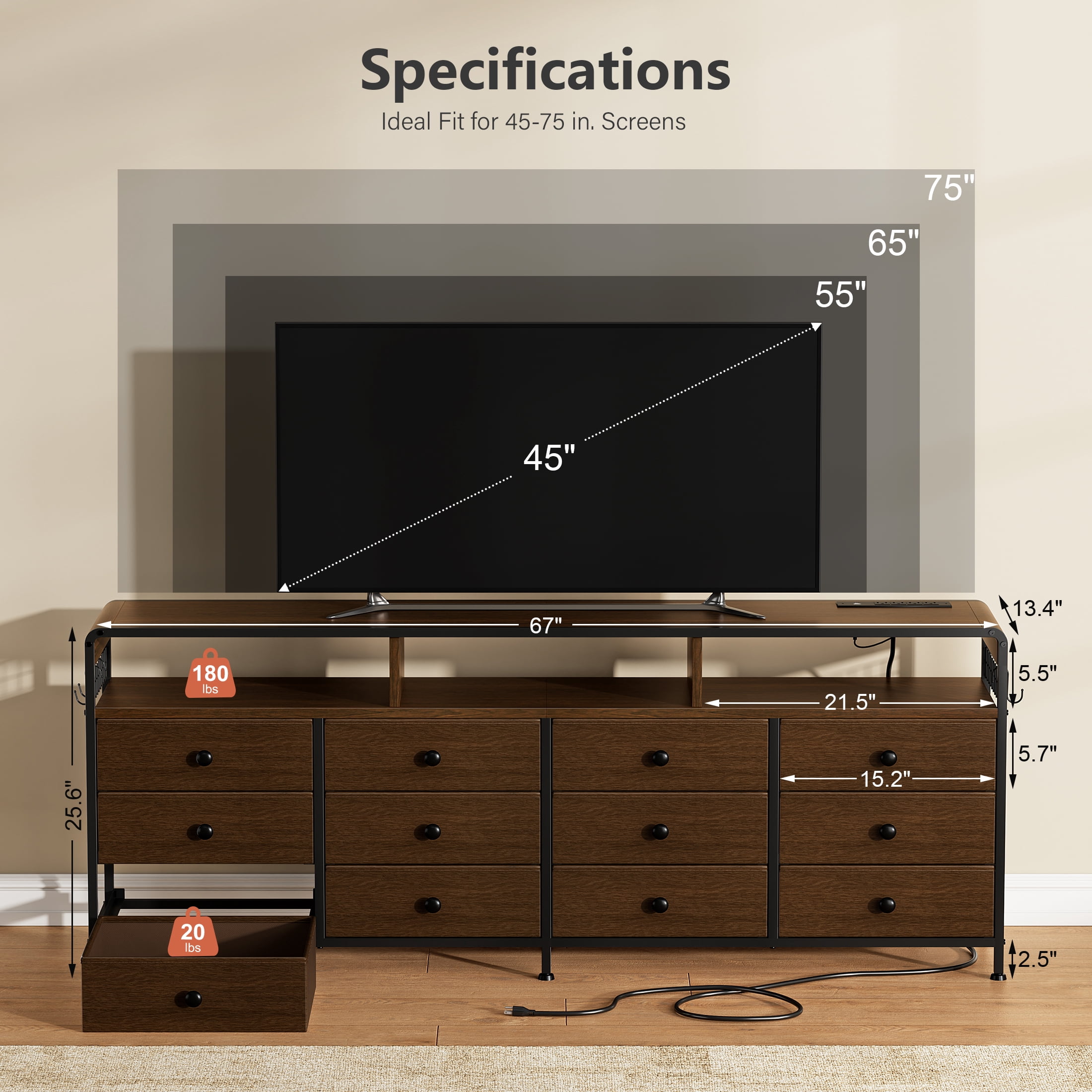 GUNAITO TV Stand for TVs up to 75", Big TV Stand with 12 Fabric Drawers and LED Lights, Entertainment Center with Storage and Shelves for Living Room, Dark Brown