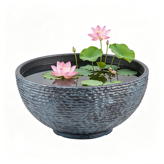 Sungmor Hydroponic Planter Large Garden Bowl Micro Landscape Succulent Pot, 15.6" Dia. 0.5" Thickened Big Water Lily Container - Resin Marble Texture Functional Mini Fish Pond Fountain Bird Bath