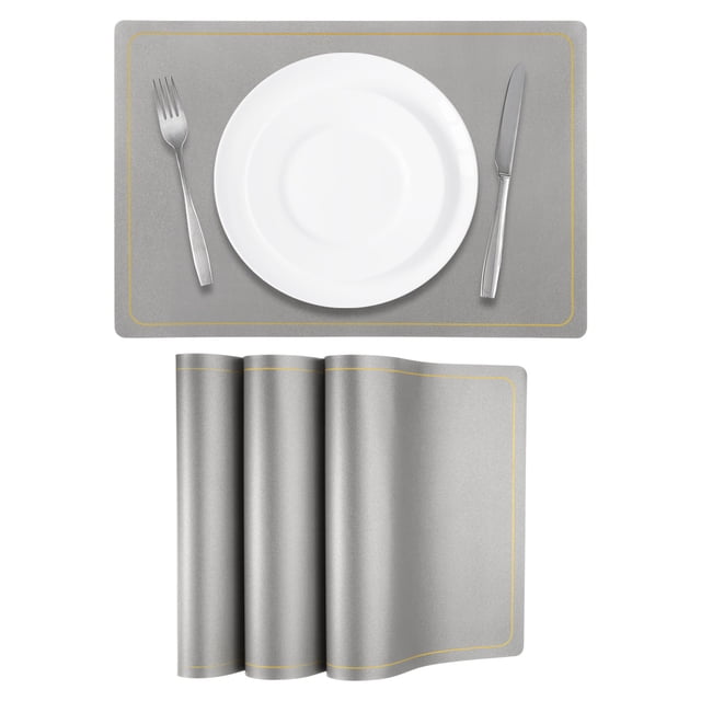4 Pcs Manteles Individuales de Cuero Sintético para Mesa de Cena, Manteles Rectangulares Resistentes al Calor (Línea de Oro Plateado)