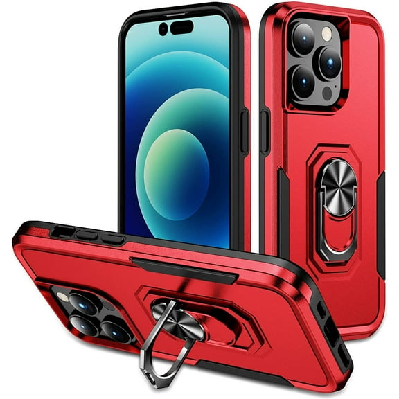 Military Grade TUFF Hybrid Case with Ring Grip for iPhone 14 Pro - Red