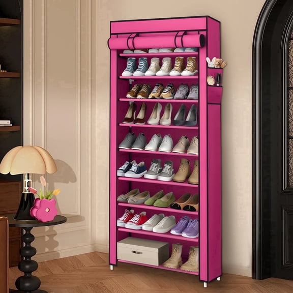 10-Tier Tall Shoe Rack Shelf, 27 Pairs Closet Shoe Organizer Storage with Cover, 9 Lattices, pink