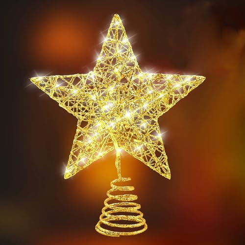 Christmas Tree Topper Star LED ligthts Tree Toppers Christmas Decorations,Gold Glittered Metal Christmas Tree Decorations for Home Party Holiday Winter Xmas Tree Bar Shop Office Decoration