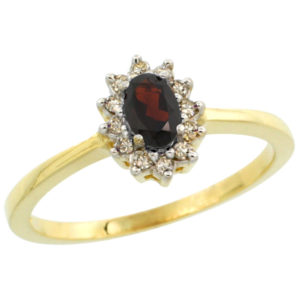 14K Yellow Gold Natural Garnet Ring Oval 5x3mm Diamond Halo, sizes 5-10 by WorldJewels