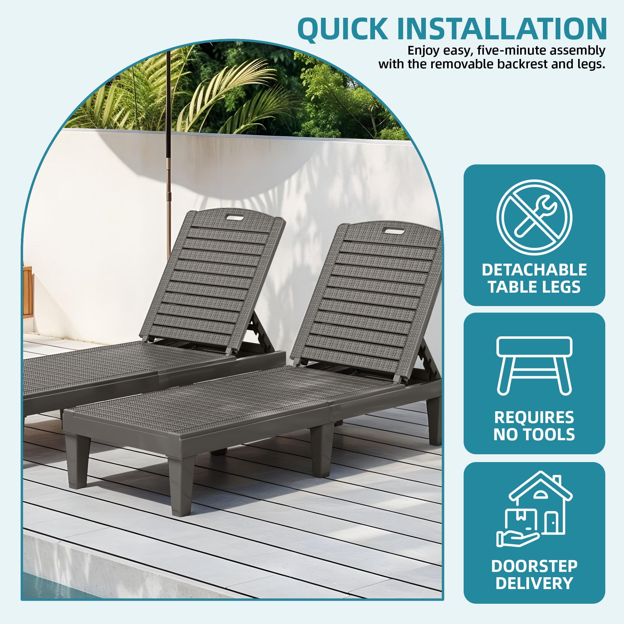 Uforic 2-Piece Outdoor Chaise Lounge Chairs, 5-Position Adjustable Backrest Waterproof Plastic Pool Loungers, Easy Assembly Patio Recliners for Backyard, Poolside and Garden, Gray
