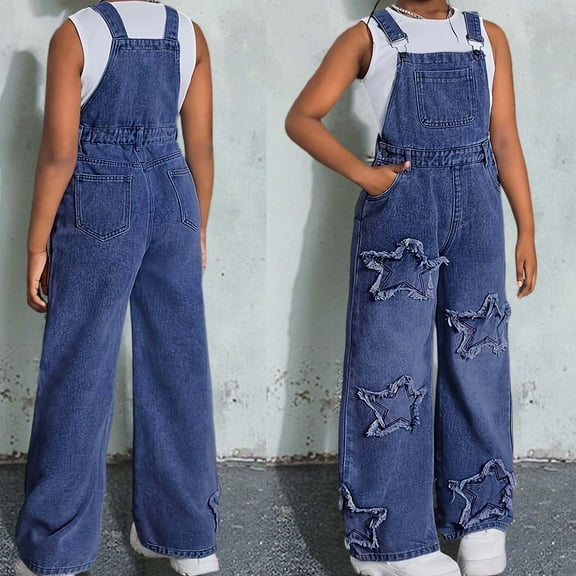 Girls Jean Overalls Jumpsuits Kids Casual Sleeveless Overalls Girls Wide Leg Jeans Girls 1 Piece Rompers with Pockets Clothes for 8-9 Years Old Girl