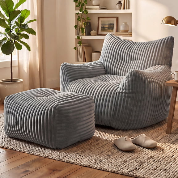 Guyii Corduroy Accent Chair with Ottoman, Oversized Reading Armchair with Footrest, Plush Wide-Stripe Fabric Lounge Chair for Living Room, Bedroom, Balcony, Grey